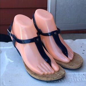 Ralph Lauren Reeta Blue Wedge Heel Thong Sandels 3" Heel Gold Buckle Sz 8.5B